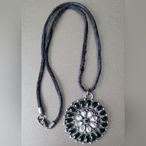 Suede Cord Necklace With Silver Tone Circle Pendant, Black And Clear Rhinestones